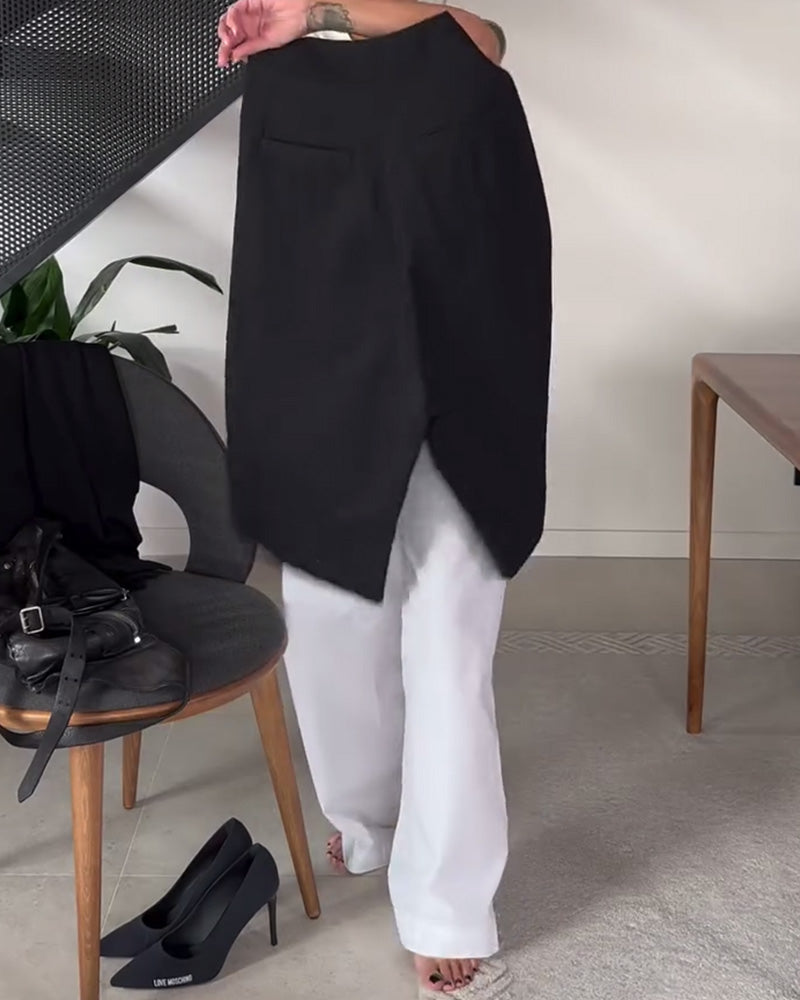 Højtaljede sorte bukser med tværgående lukning