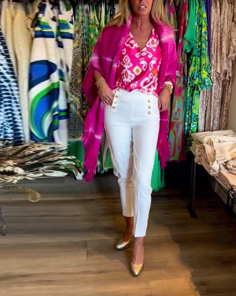 Kortærmet top med V-udskæring og print