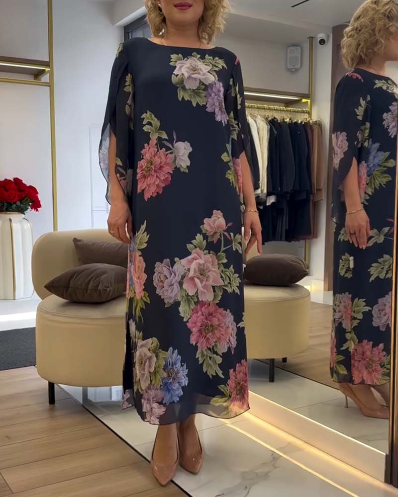 Kjole Rund Hals Blomstret Slids
