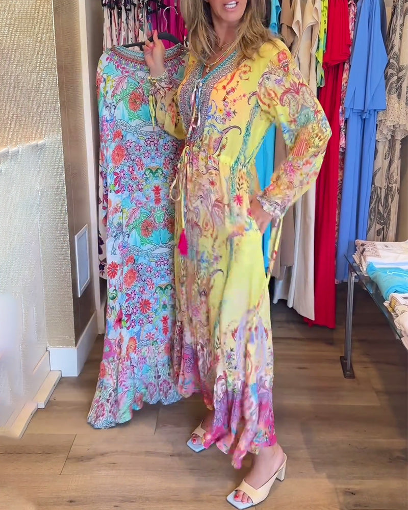 Langærmet resortkjole med print