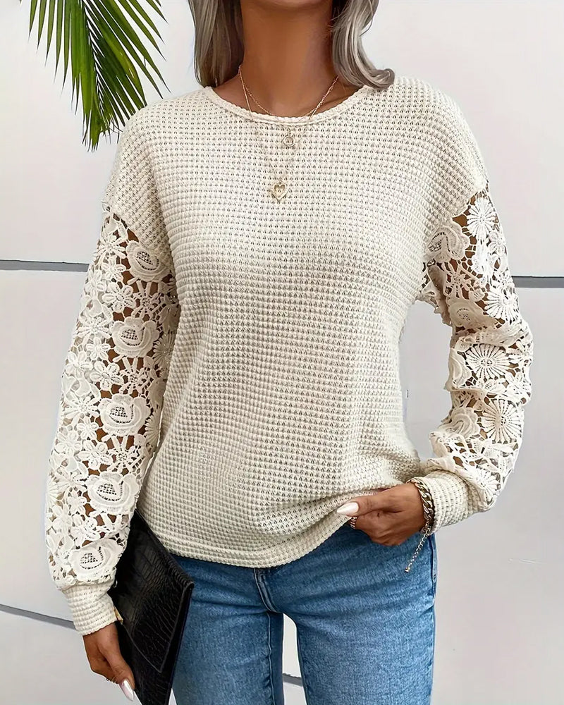 Top Langærmede Hulkantet Blonder Patchwork