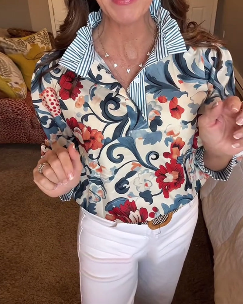 Bluse Puffærmer Blomstret Stribet