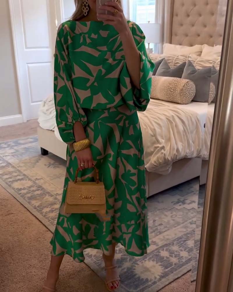 Sæt Kjole Afslappet Trykt Lanterneærmer Temperament