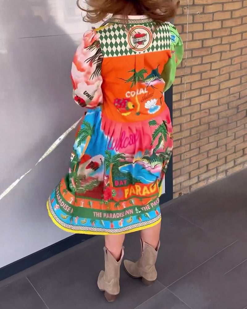 Langærmet farverig patchwork kjole