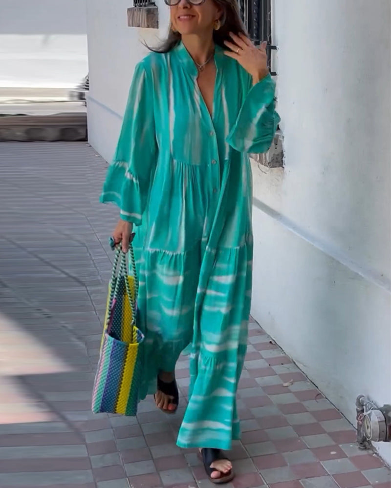 Afslappet løs lang kjole med V-udskæring og vide ærmer