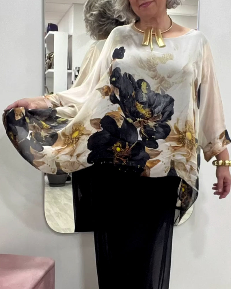 Bluse Langærmet Uregelmæssig Store Blomstermønster