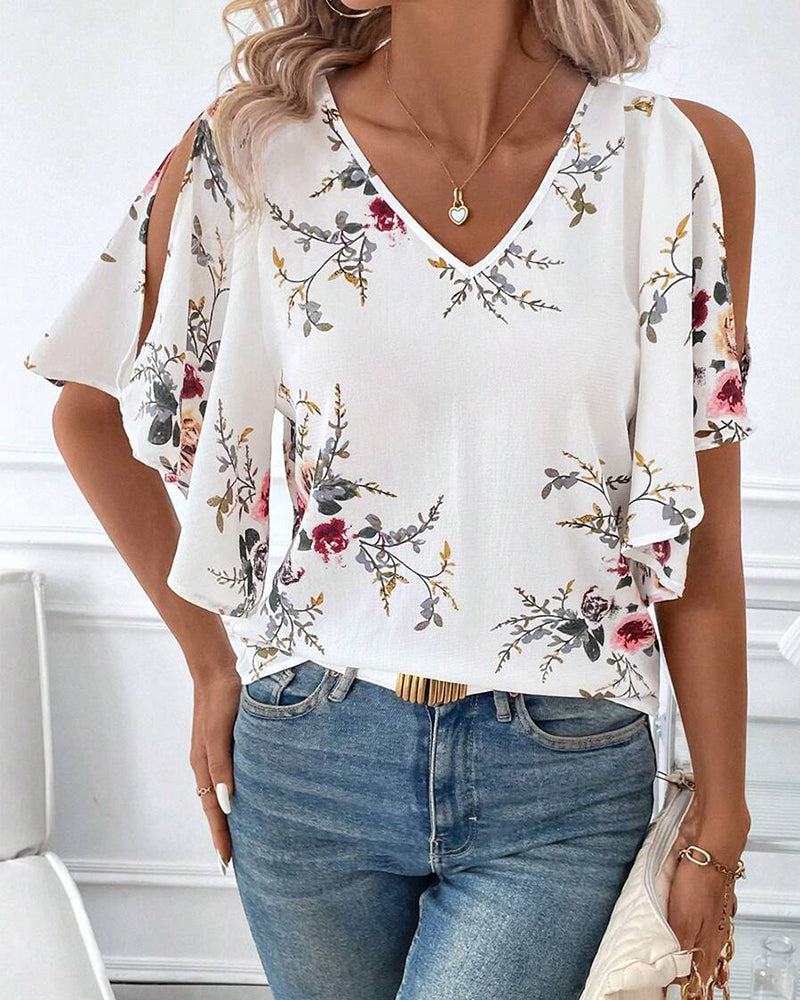 Bluse V-Hals Off-Shoulder Mønstret