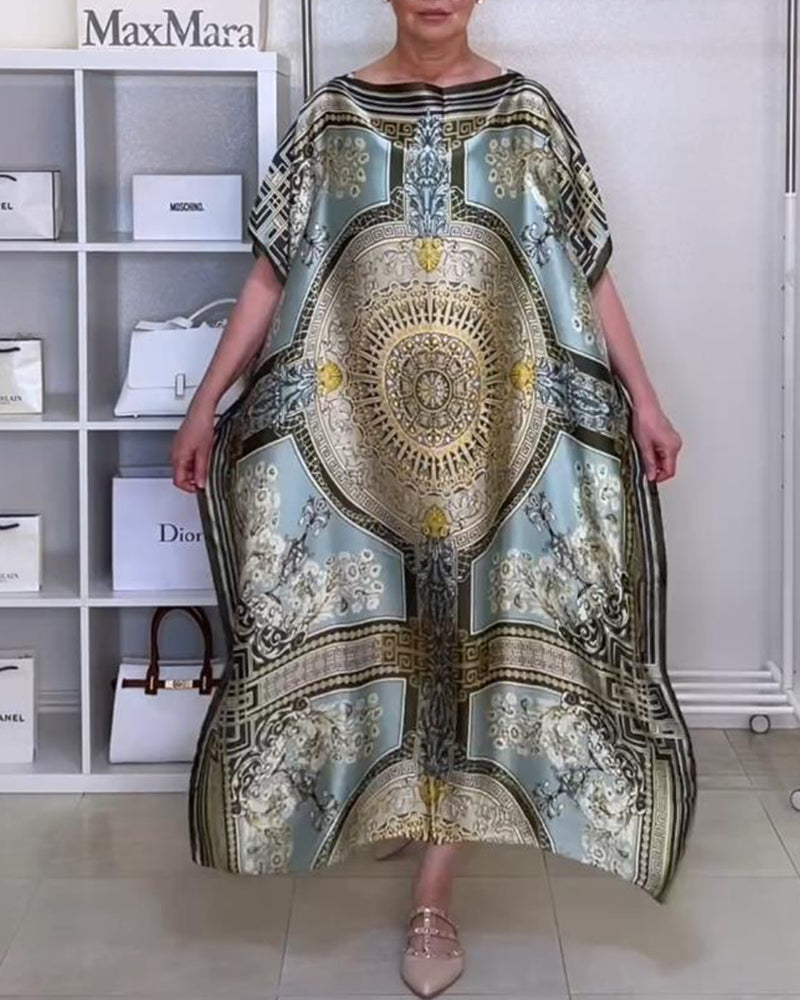 Boho-printet løs kjole med slids