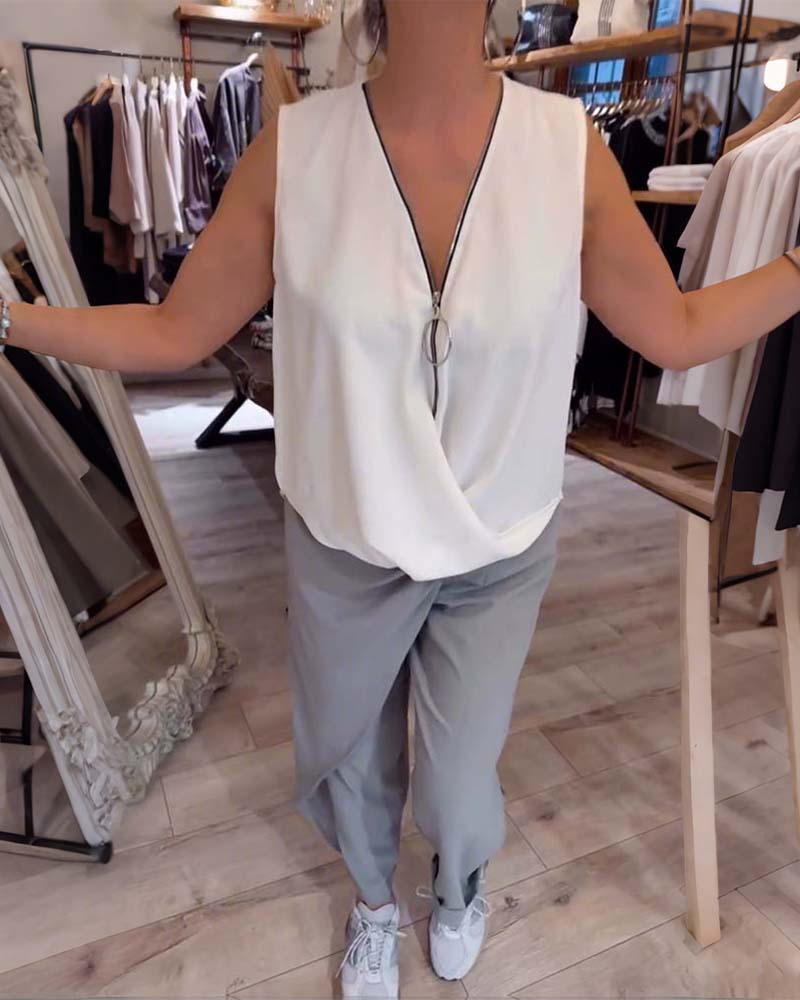 Tanktop Ærmeløs Halv Lynlås Ensfarvet