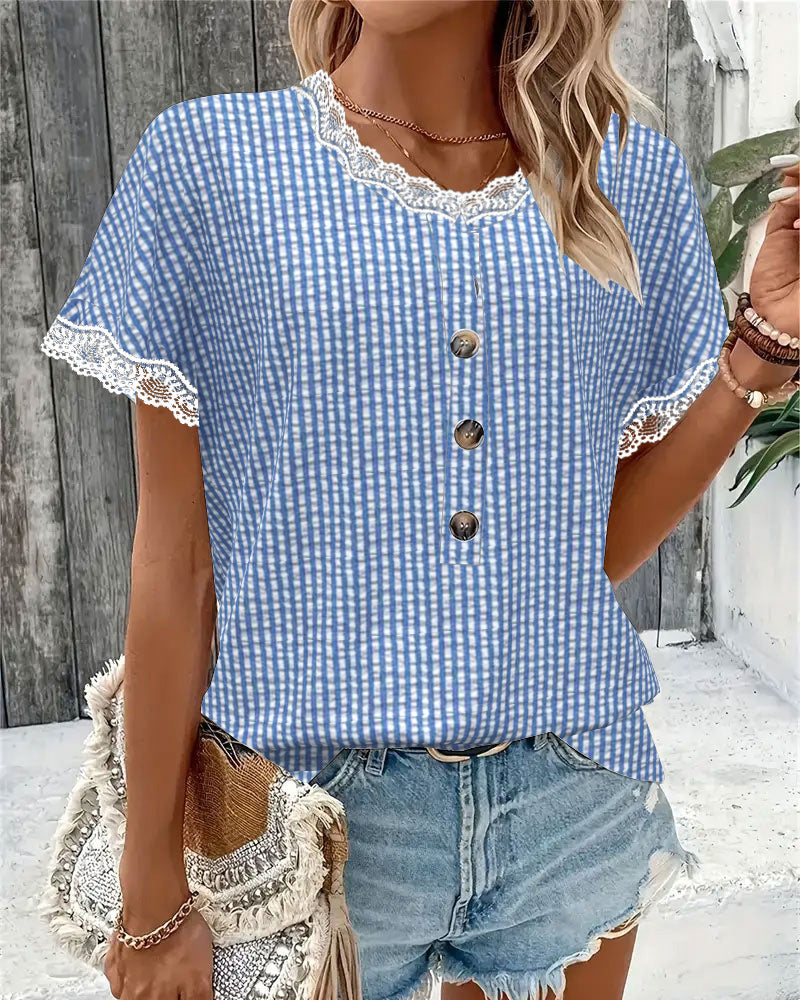 Bluse Rund Hals Blonder Patchwork Stribet