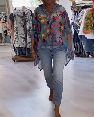Bluse Uregelmæssig Print Falsk Denim