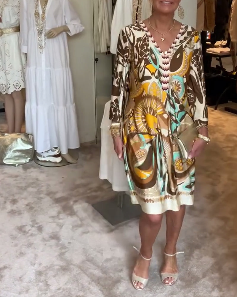 V-halset afslappet kjole med retroprint