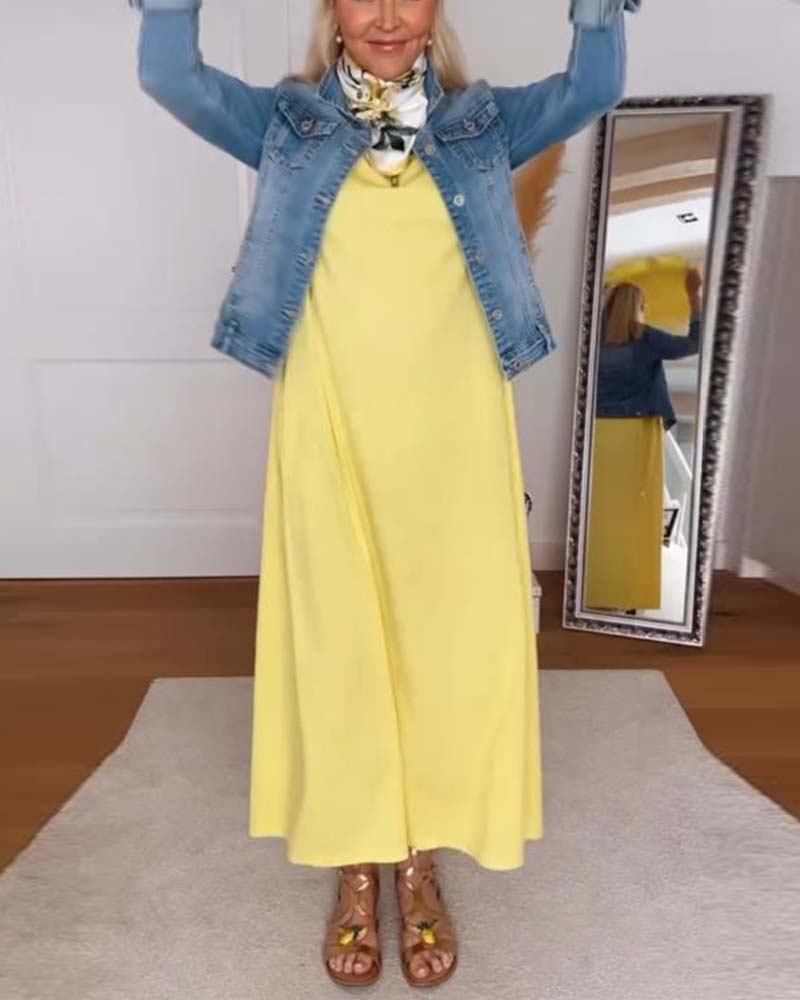 Kjole Casual Rund Hals Ensfarvet Lige