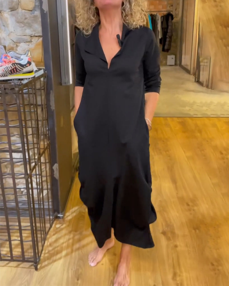 Ensfarvet Kjole Med V-Udskæring Og A-Linje