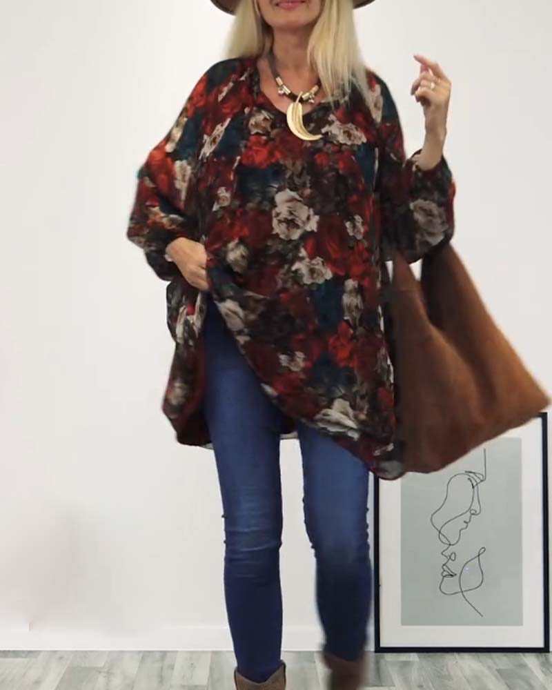 Stilfuld løs off-shoulder blomsterbluse