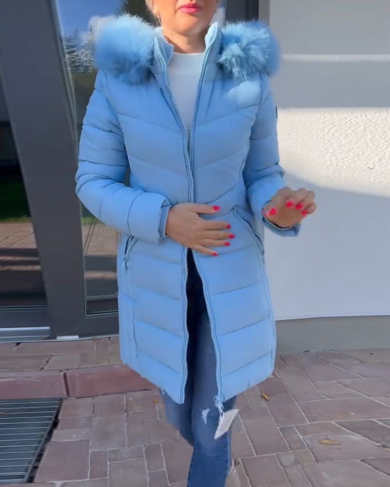 Ensfarvet vatteret jakke med lynlås og pelskrave