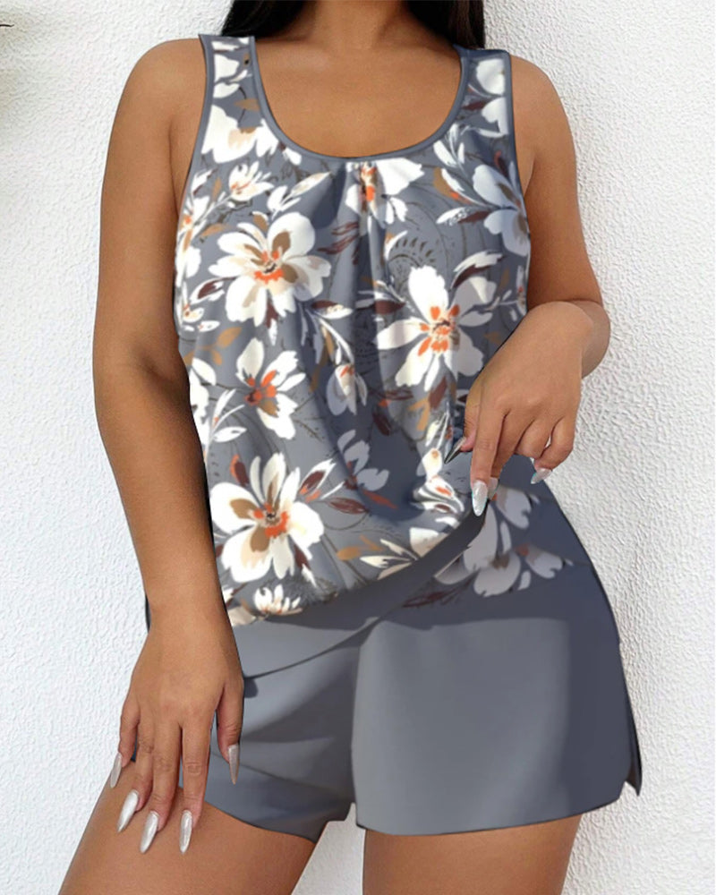 Casual blomstermønstret tankini m/shorts