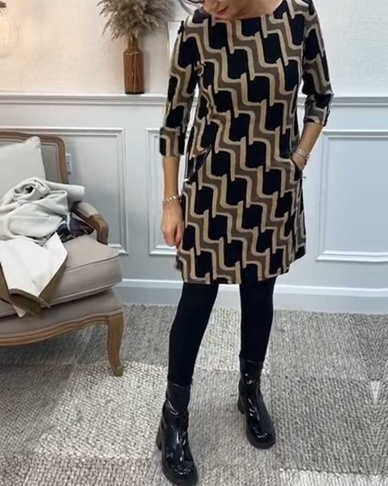 Rund hals printet slim fit kjole