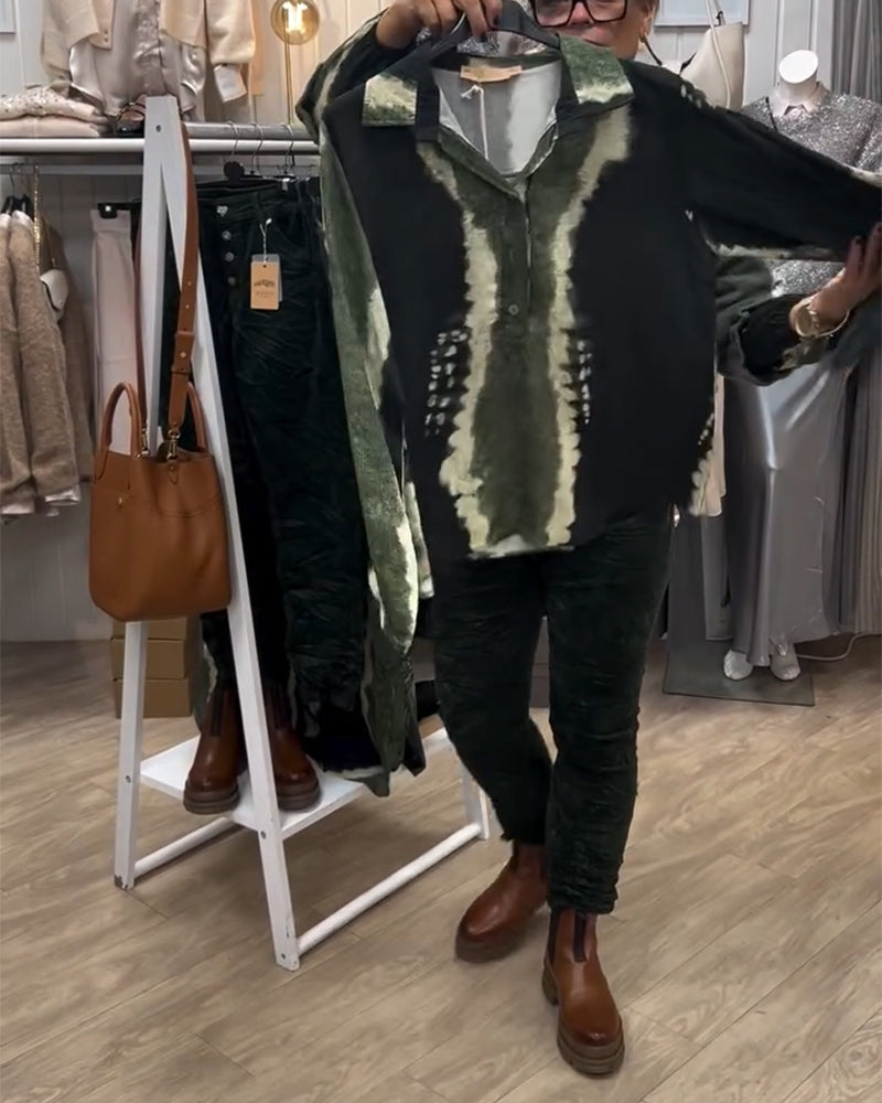 Skjorte Lapel Retro Color Block Langærmet