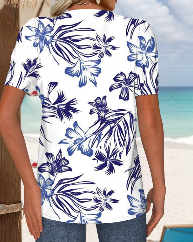 T-Shirt Rund Hals Blomstertryk Strikket