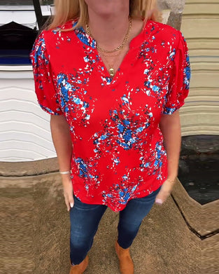 T-Shirt V-Hals Blomsterprint Korte Ærmer