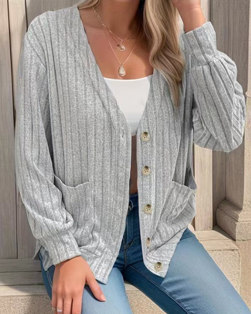 Ensfarvet V-halset langærmet cardigan