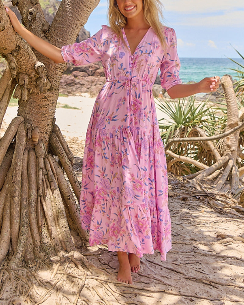 Kjole V-hals Blomster Kortærmet