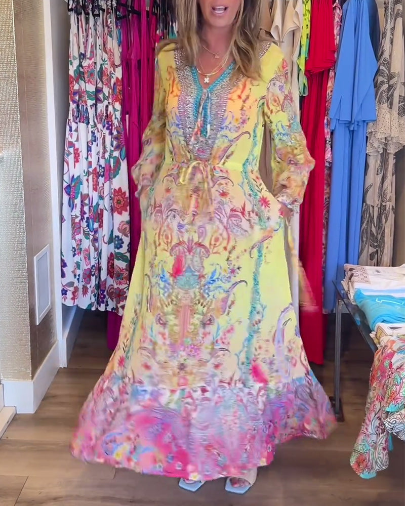 Langærmet resortkjole med print