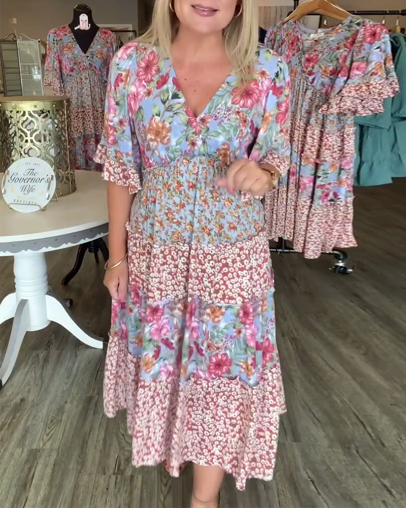 Kjole V-Hals Lotussærme Blomstret