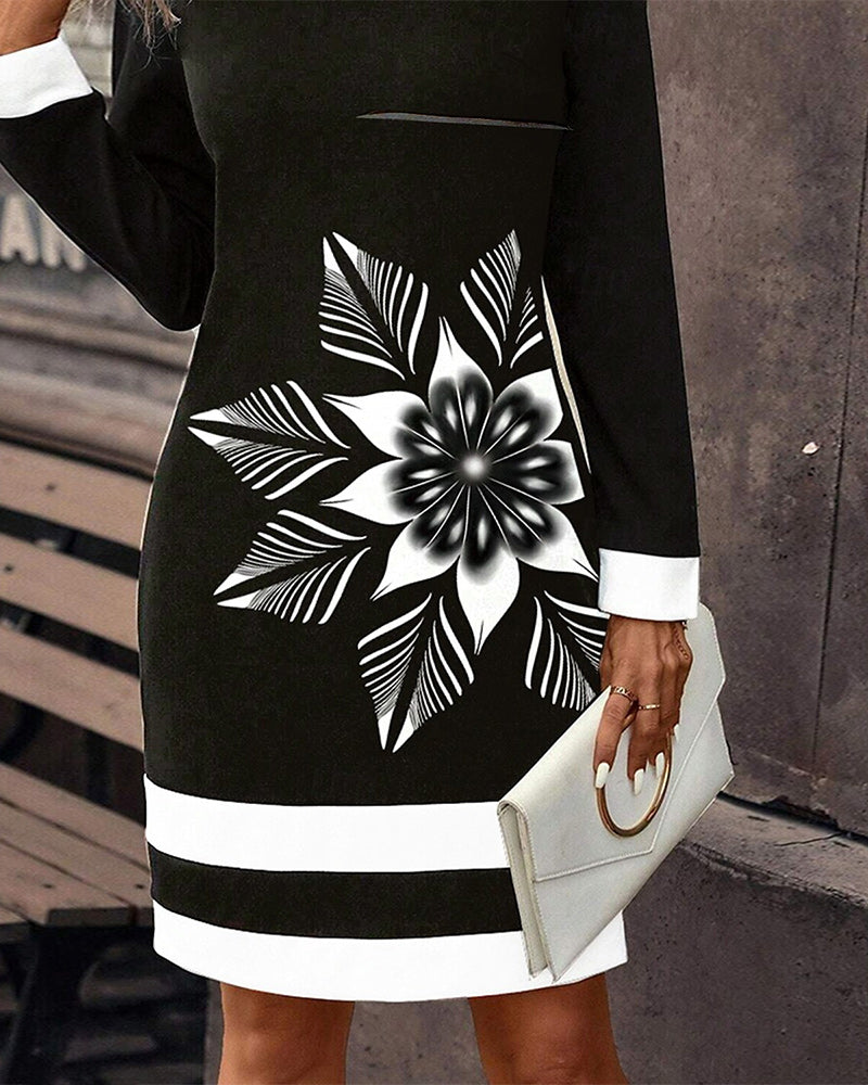 Rund hals farveblok stor blomsterkjole