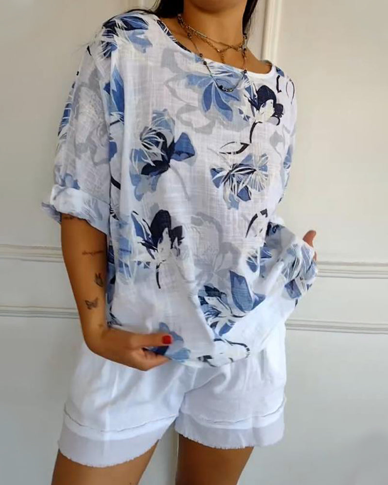 Bluse Rund Hals Langærmede Trykt