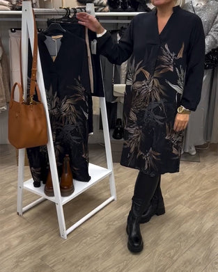 Kjole V-hals Blad Print Langærmet