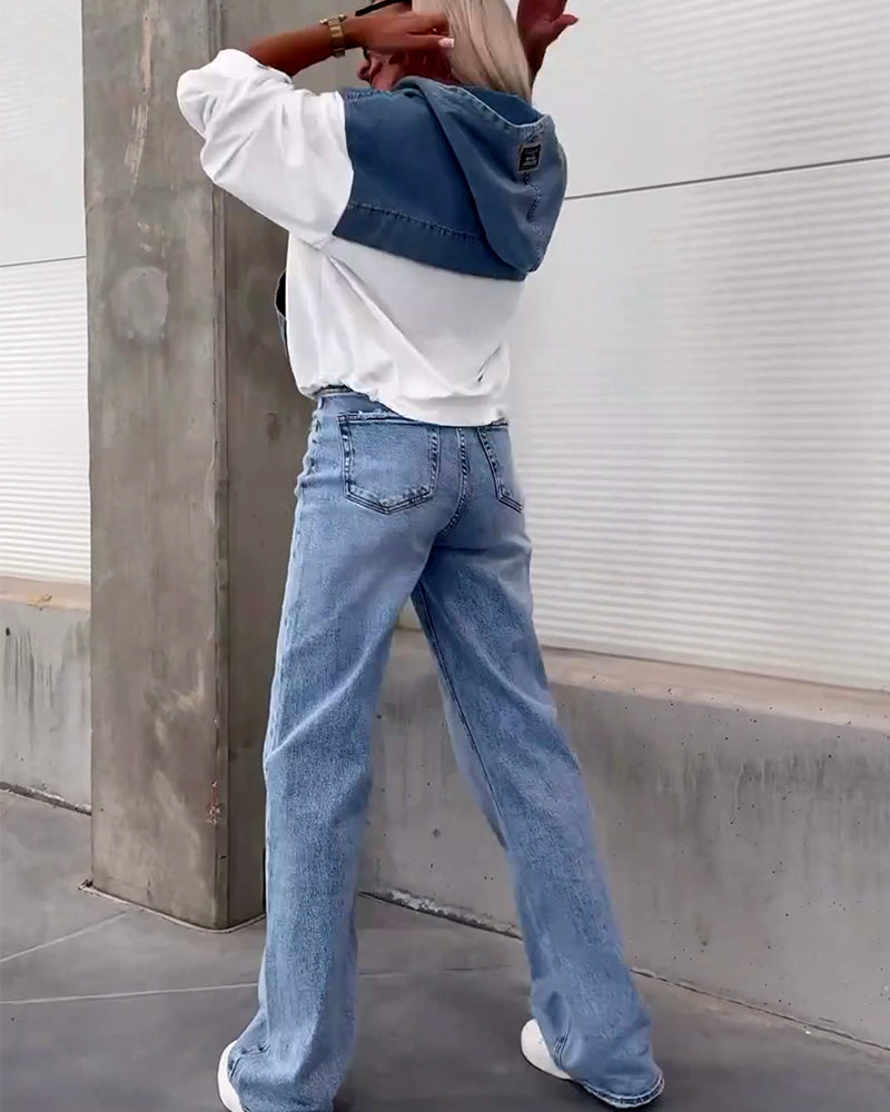 Patchwork denim hættetrøje med lynlås