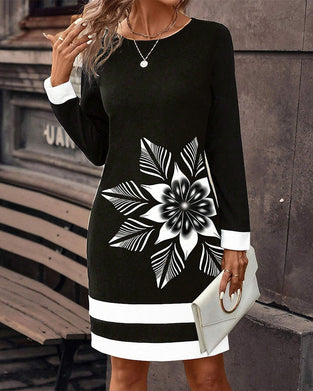 Rund hals farveblok stor blomsterkjole