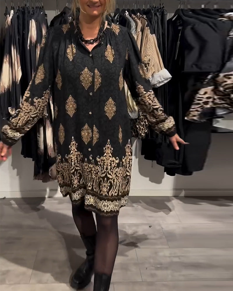 Revers-kjole med vintage-print med knapper