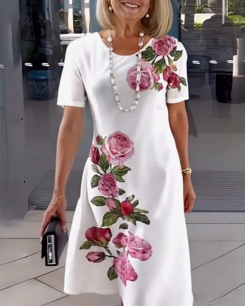 Kjole Korte Ærmer Rosetryk Shift