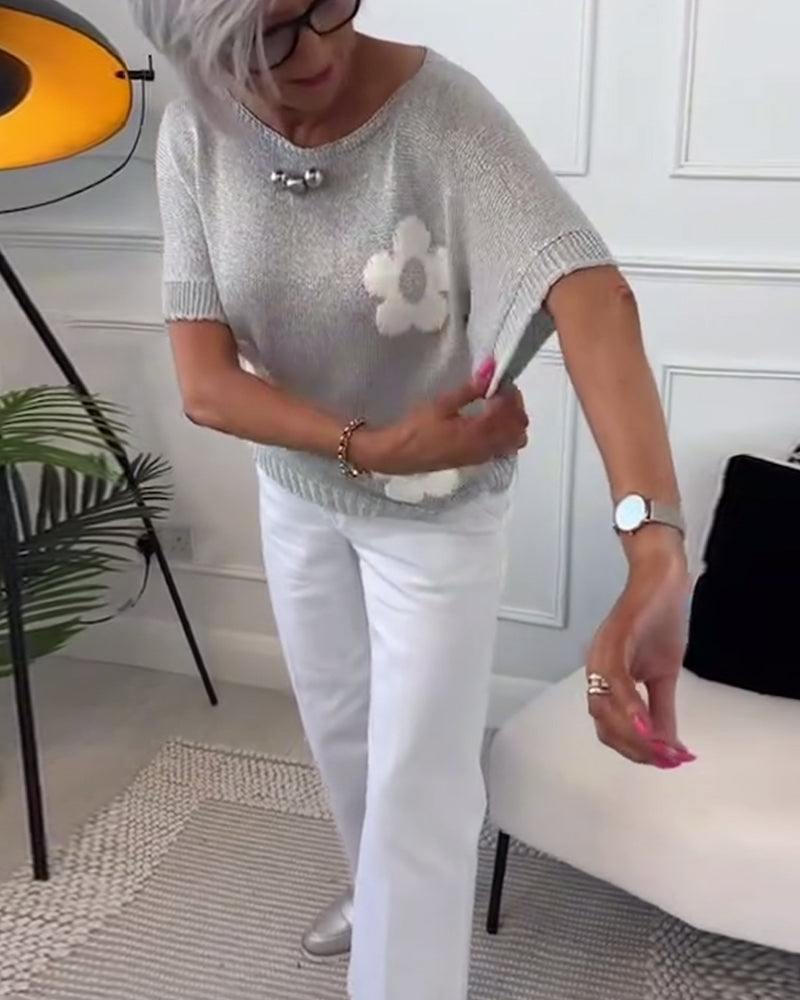 Slim fit striktrøje med rund hals og blomstermotiver