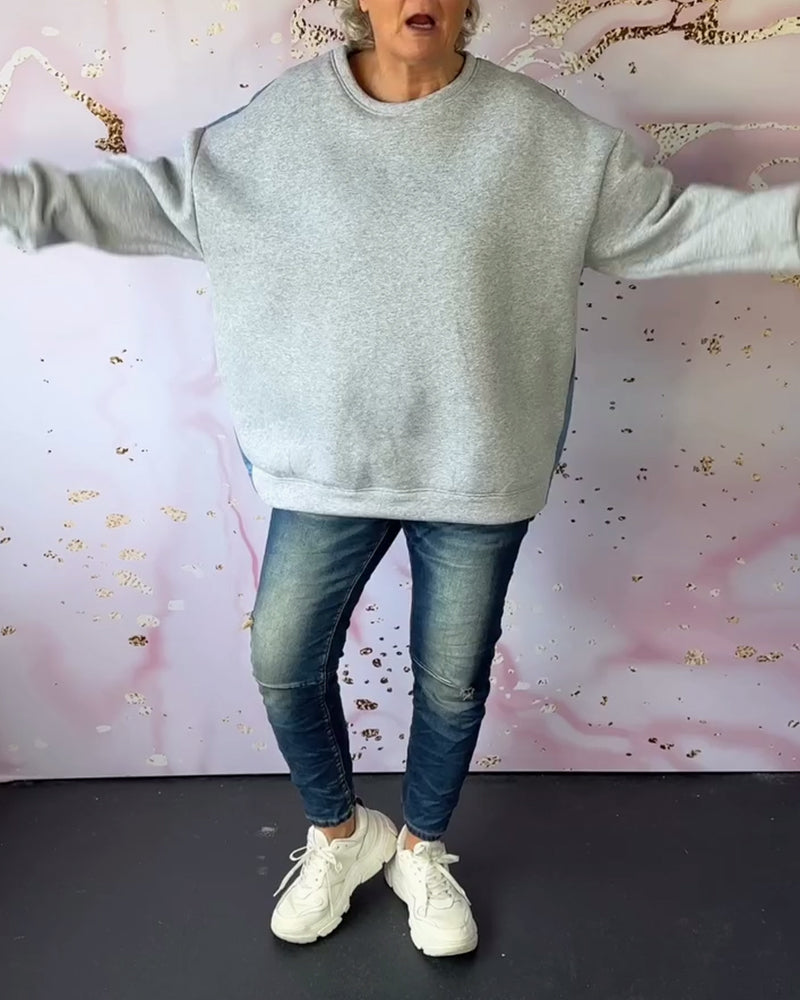 Sweatshirt med patchwork med rund hals