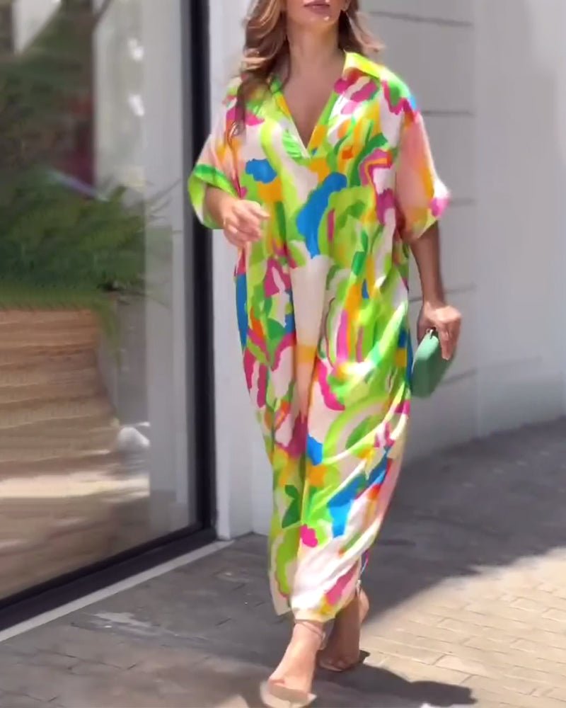 Farverig kjole med skjortekrave