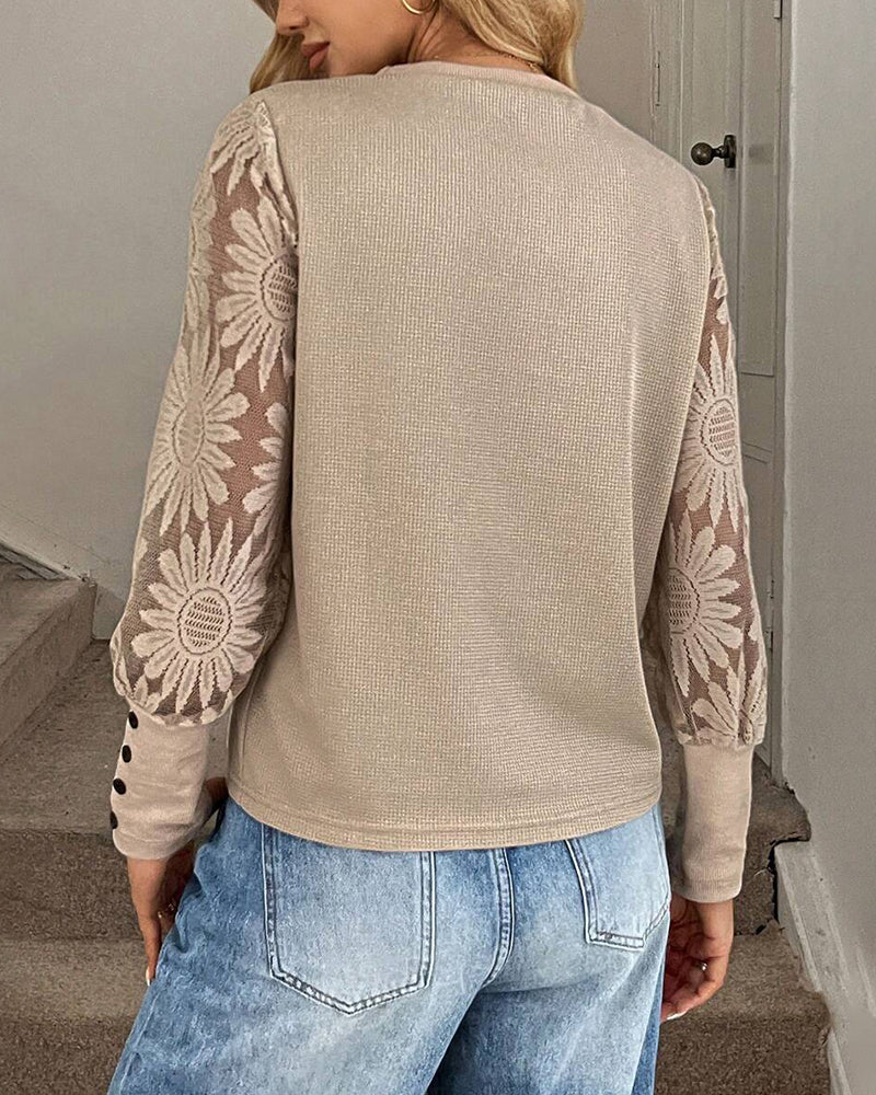 Top Blonde Hæklet Sammensyning Lange Ærmer