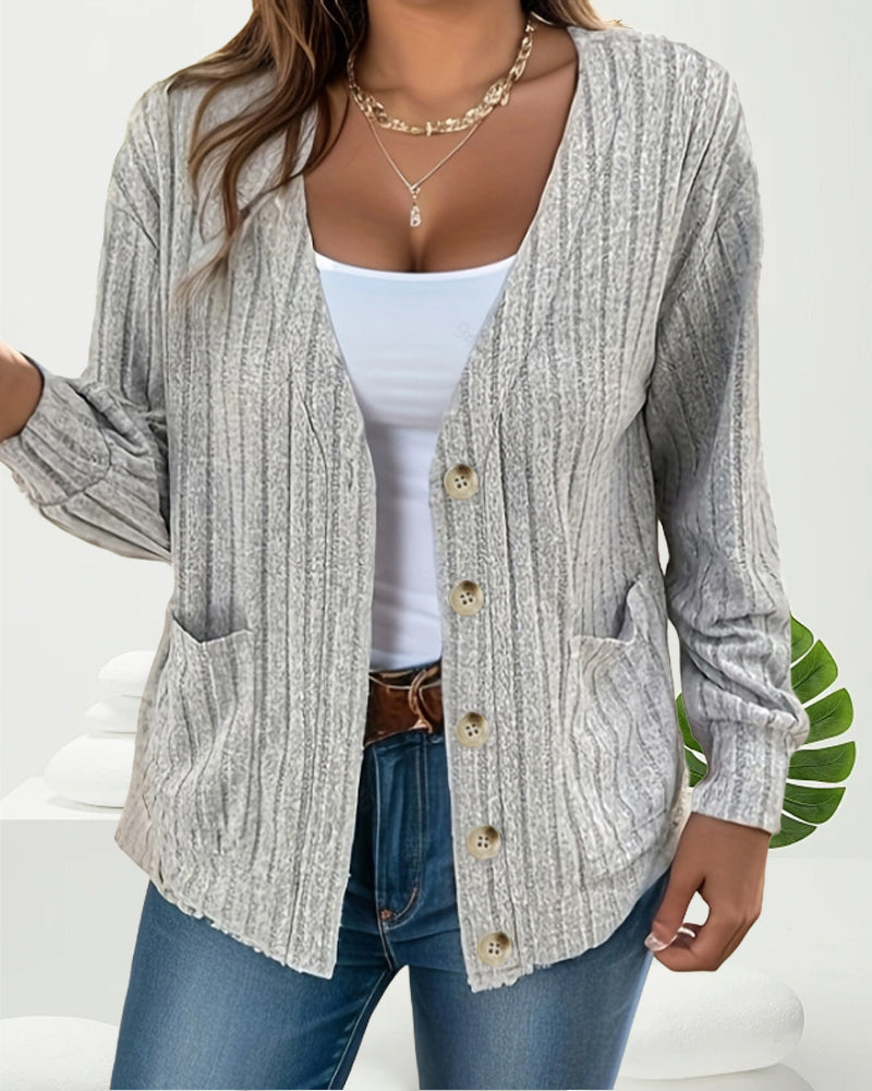 Ensfarvet V-halset langærmet cardigan