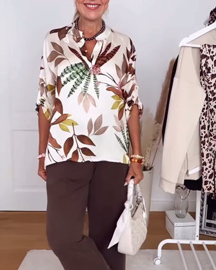 V-Hals Bluse Med Bladtryk