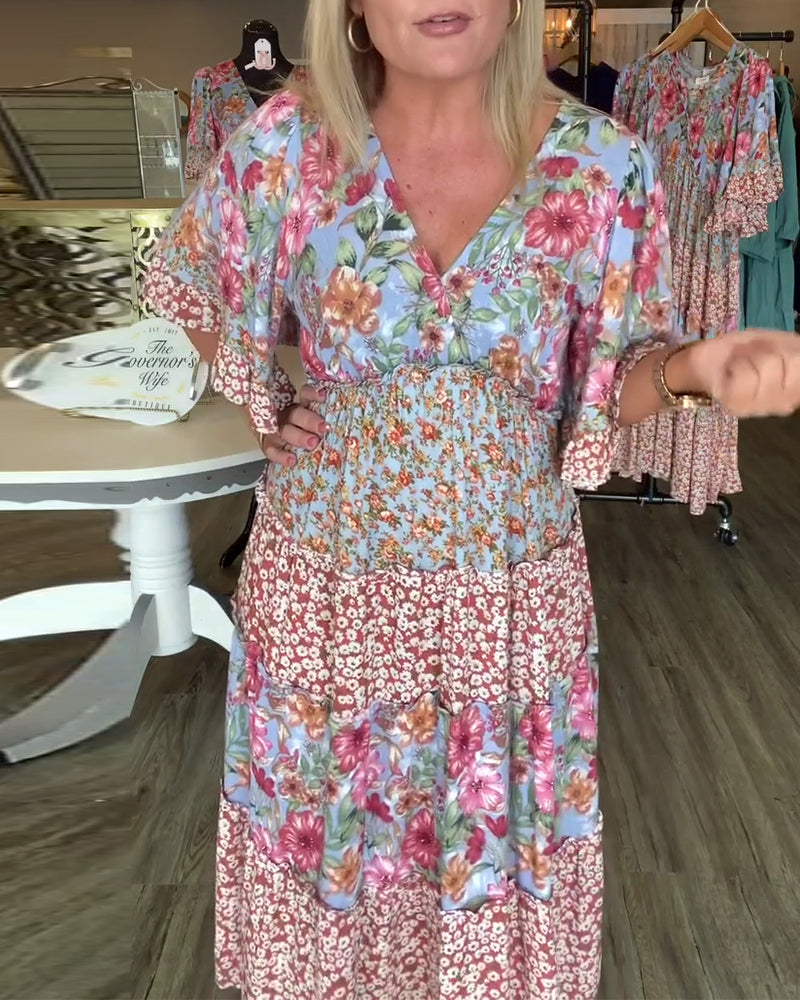 Kjole V-Hals Lotussærme Blomstret