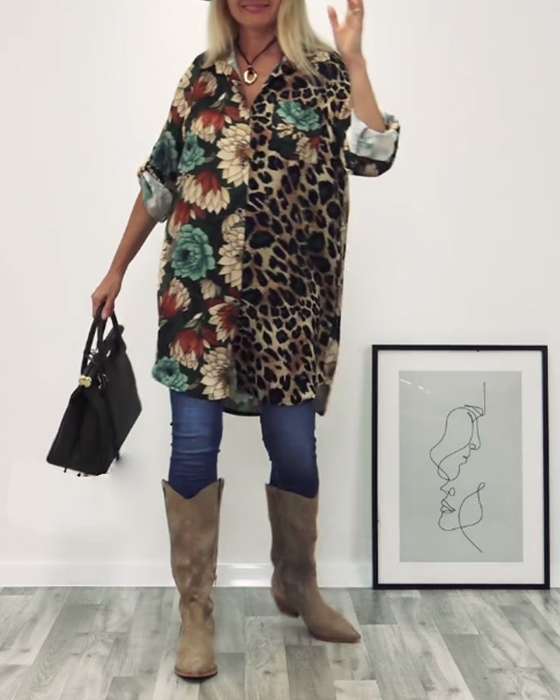 Revers patchworkskjorte med leopardprint