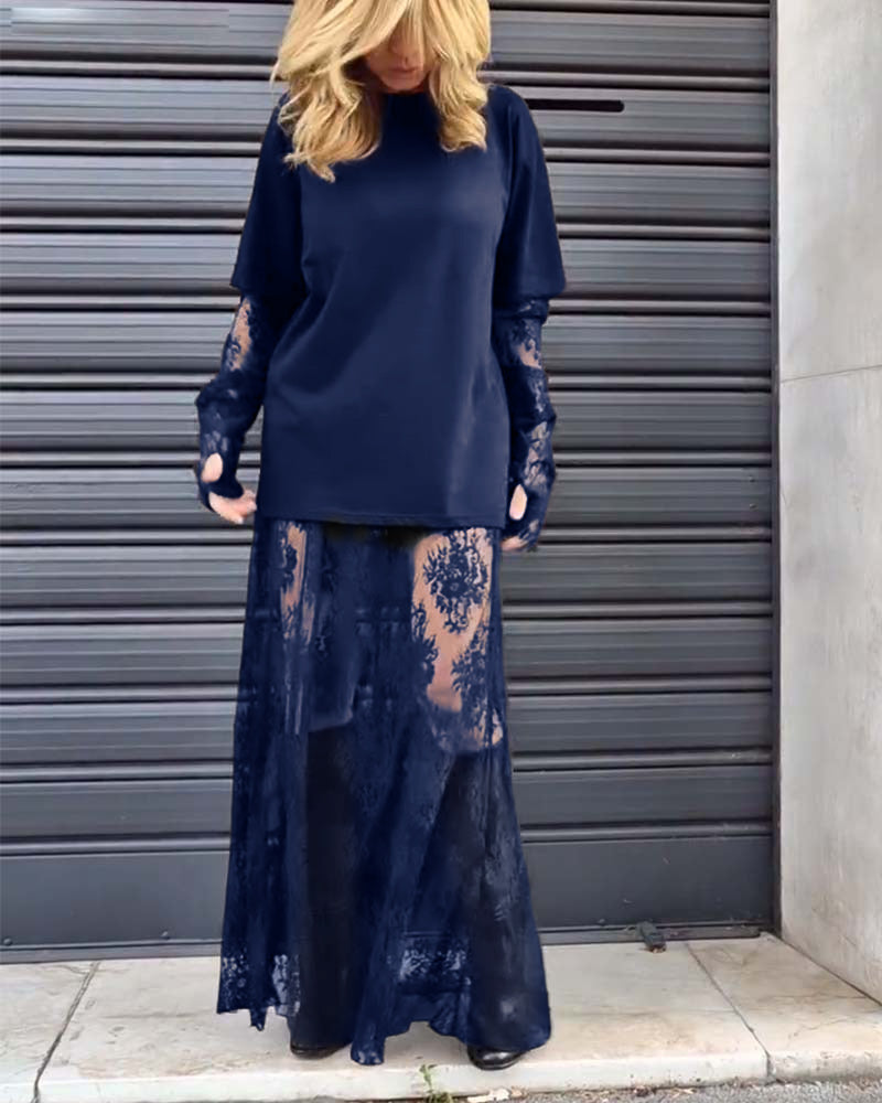 Todelt sæt - Sort top med blondeærmer og blondenederdel