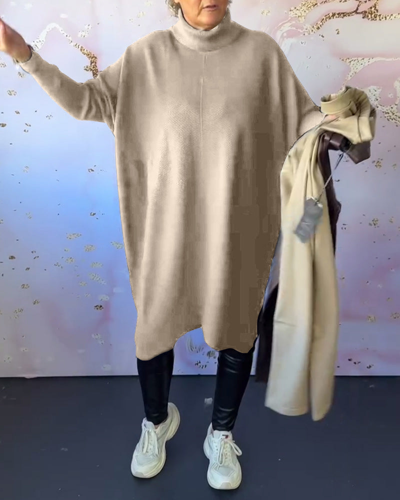 Afslappet ensfarvet langærmet pullover med høj krave