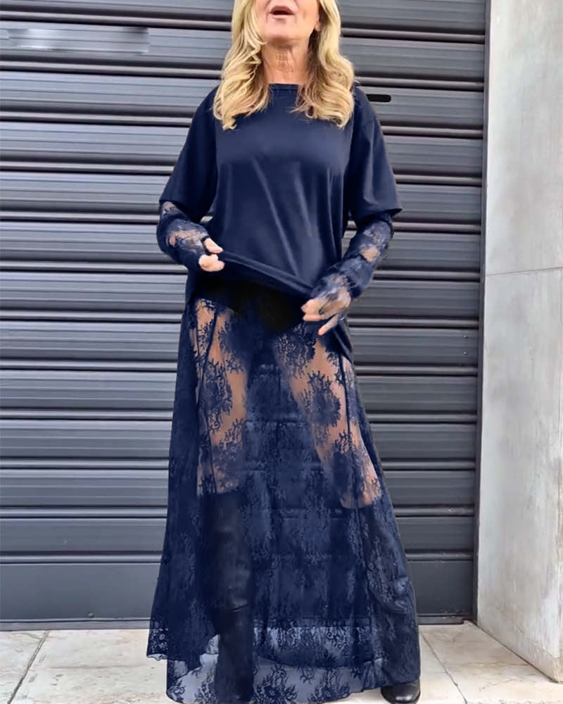 Todelt sæt - Sort top med blondeærmer og blondenederdel