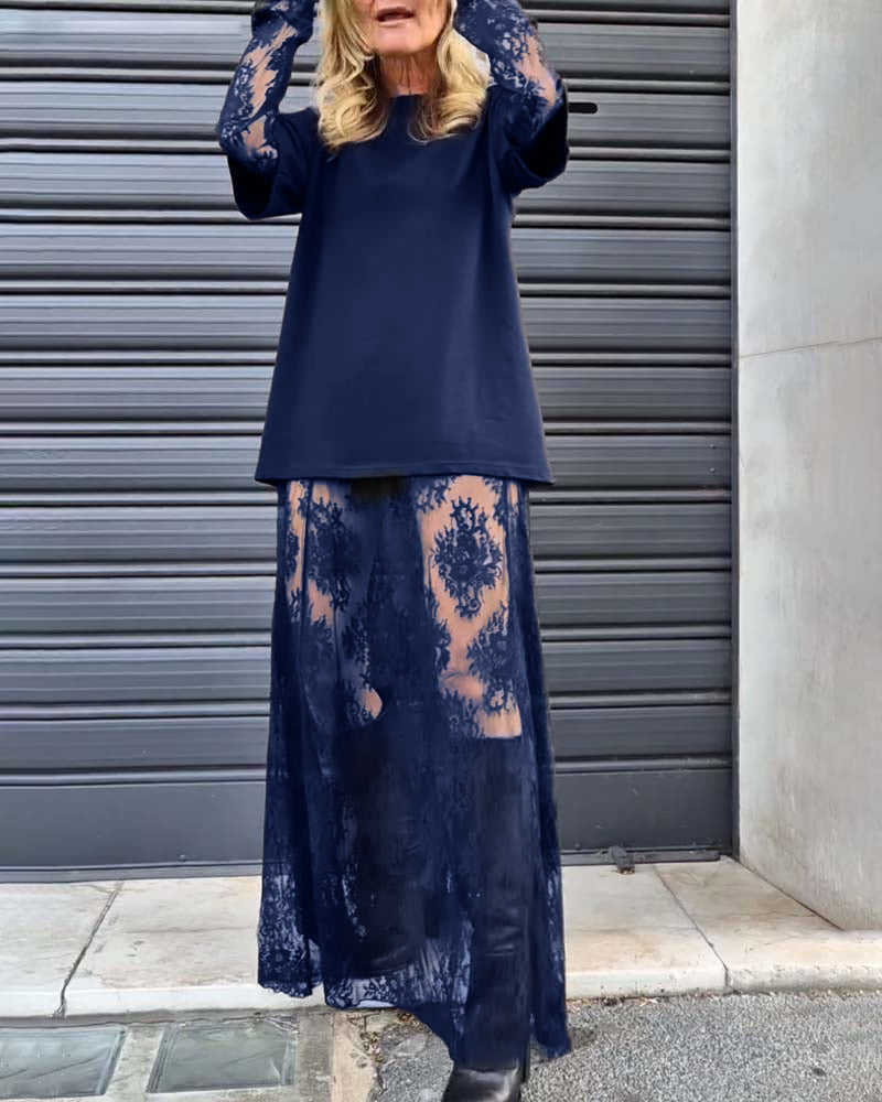 Todelt sæt - Sort top med blondeærmer og blondenederdel