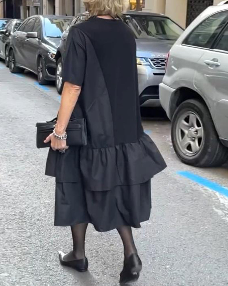 Kjole Rund Hals Korte Ærmer Patchwork Løs