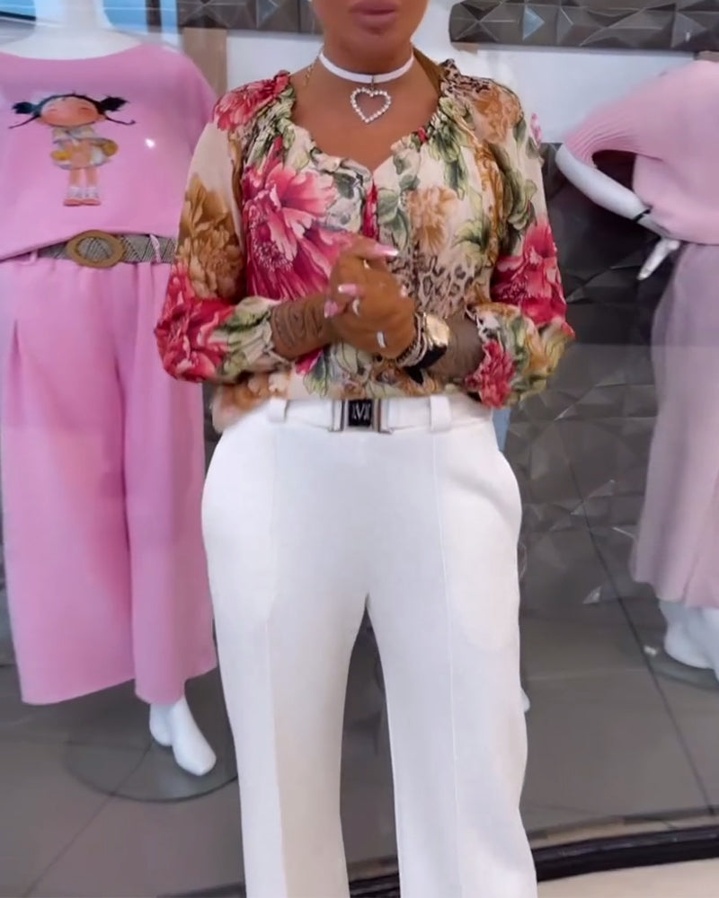 Bluse Med V-Hals Blomsterprint